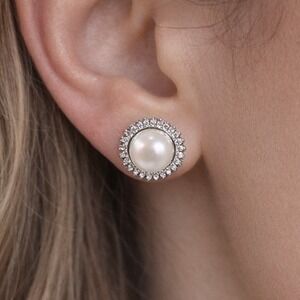 Vintage Pearl Halo Stud Earrings Silver Tone Rhinestone Frame